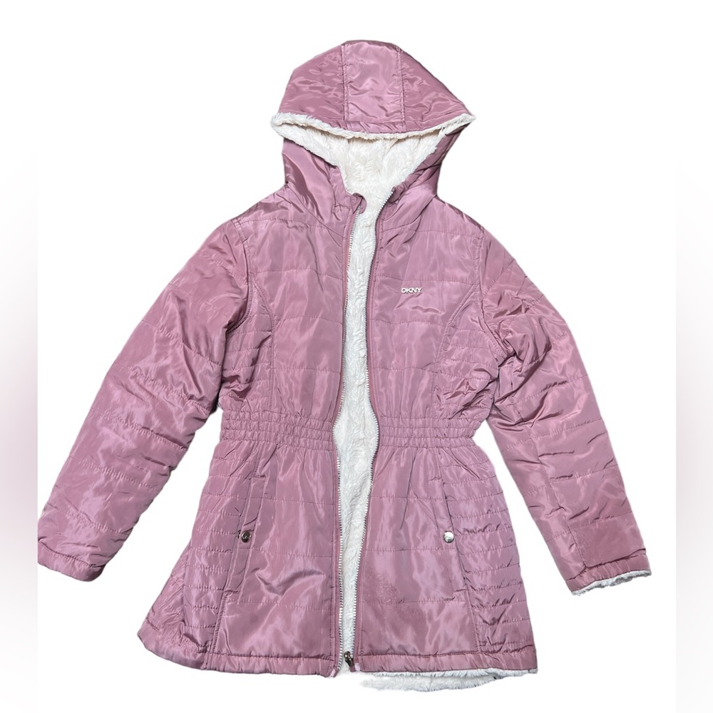 DKNY Reversible Dust Rose, Girls Faux Fur Jacket size Large
